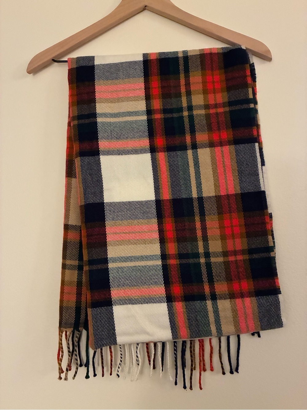 J.Crew Plaid Tartan Fringe Scarf Navy Red Cream